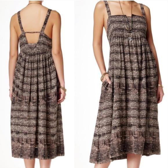 Free People Dresses & Skirts - Free People Brown Black Printed Sleeveless Midi Dress Boho Open Back L